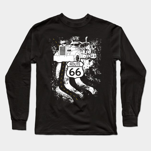 Route 66 Big Rig Truck and American Flag Long Sleeve T-Shirt by Xeire